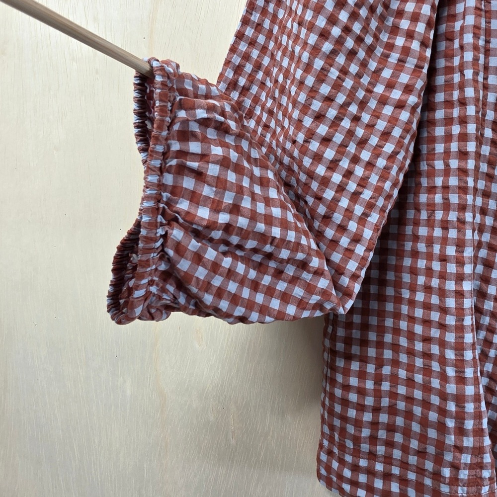 Madewell Gingham Button Front Puff Sleeve Top Terracotta Brown White Size 4 - Picture 7 of 10